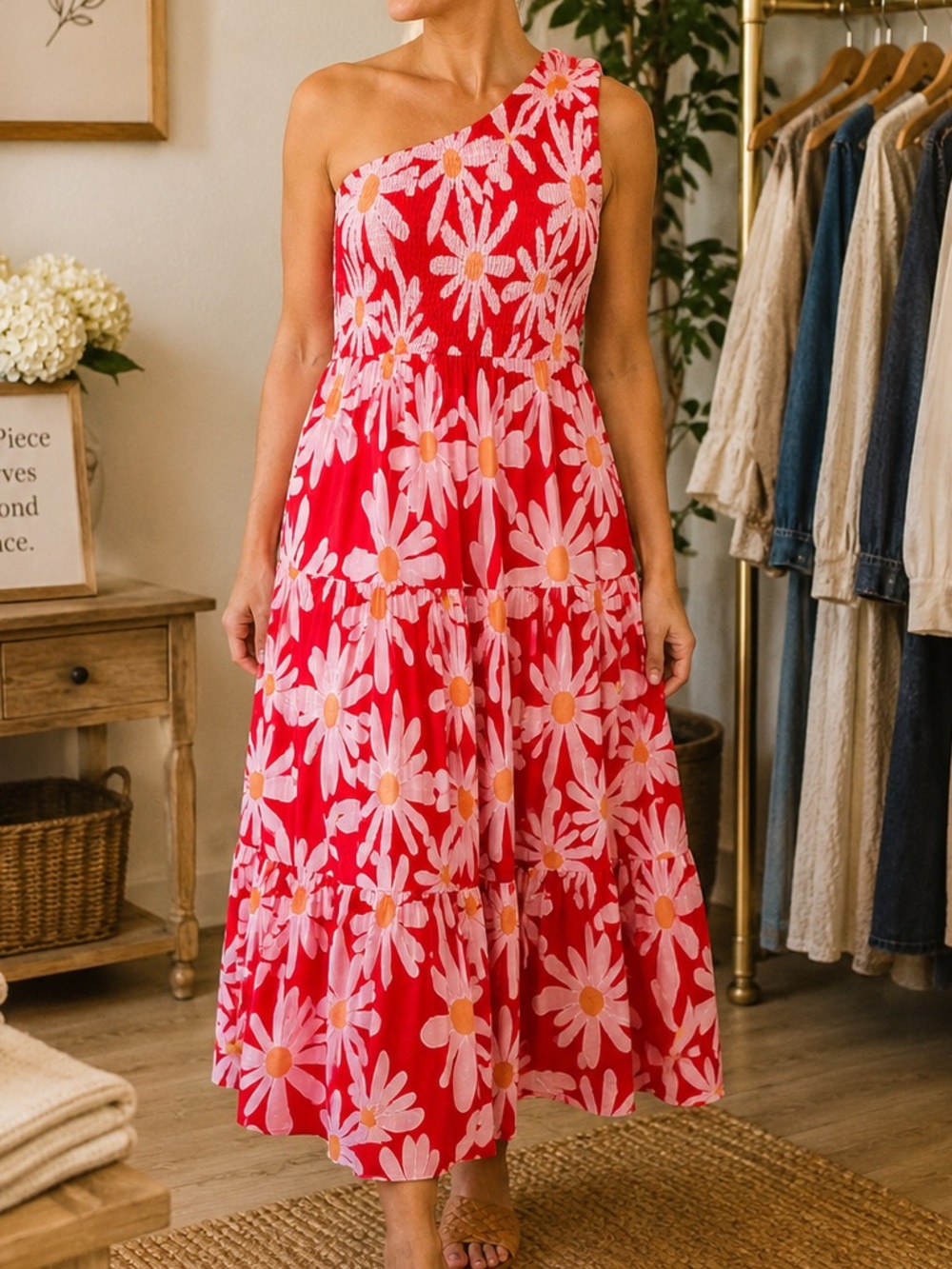 Red & Pink Daisy One-Shoulder Maxi Dress Size M